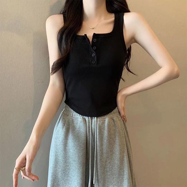 캡내장 라운드 컷팅 여자 골지 민소매 티셔츠