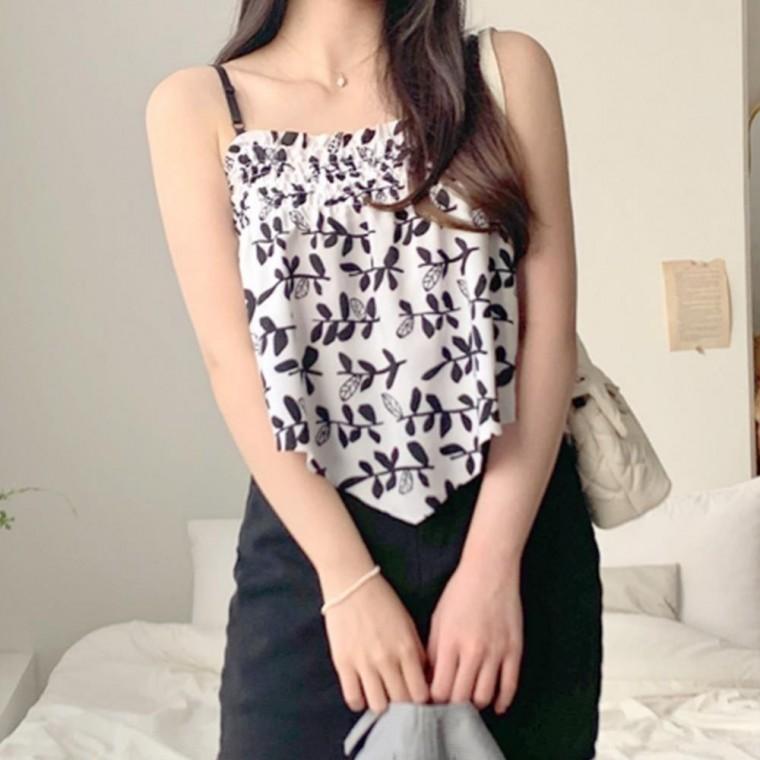 쉬폰 나시 블라우스 민소매 슬리브리스 A라인 상의 끈 슬리브리스 뷔스티에 바캉스룩 프릴 여자 데일리룩