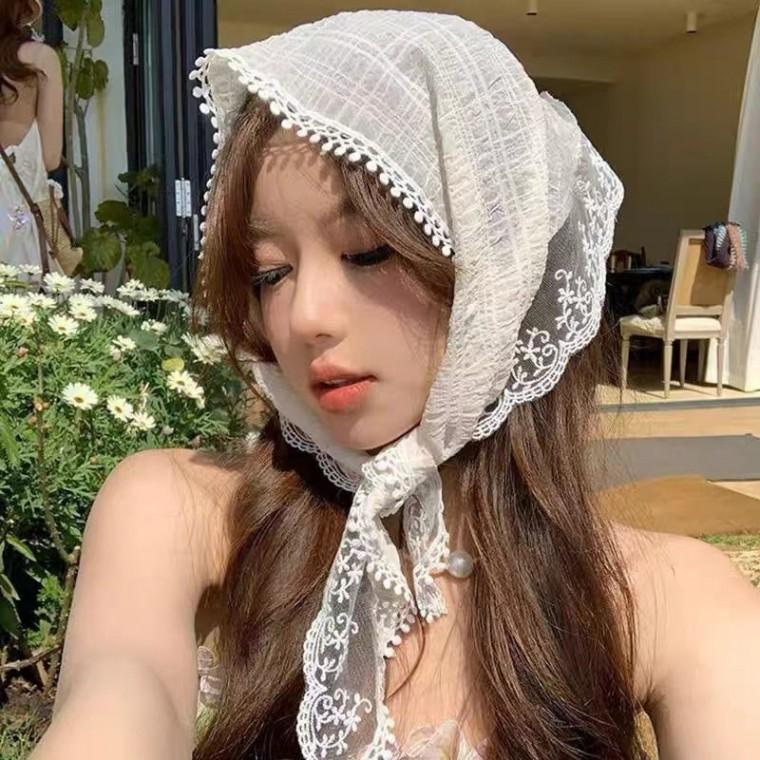 유니크 빈티지 플라워 레이스 스카프 반다나