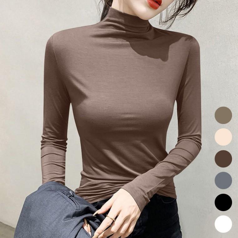 여성 깔끔 심플한 디자인 따뜻한 반목 하프넥 티셔츠
