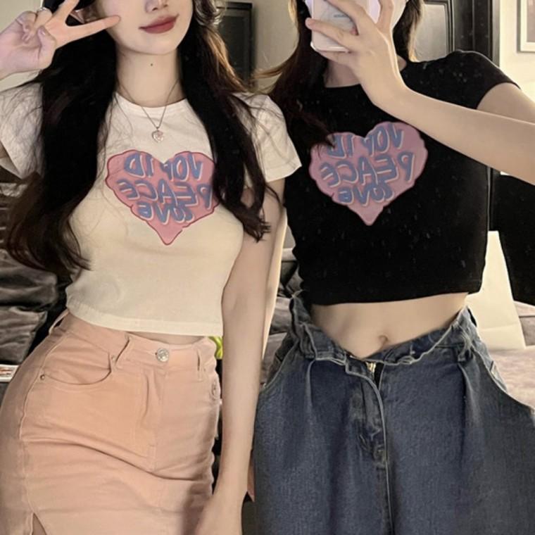 하트 영문 프린팅 포인트 데일리 여성 크롭 반팔티
