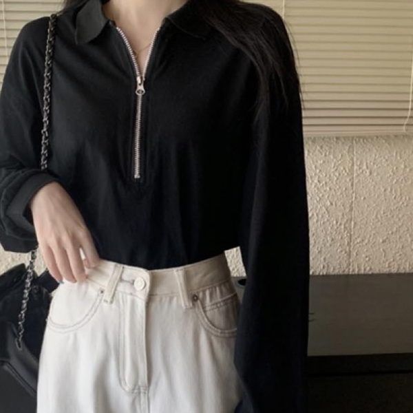 반집업 긴팔티 베이직 카라 단정한 슬림핏 티셔츠