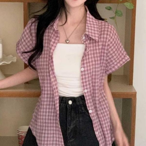 체크 루즈 반팔 셔츠