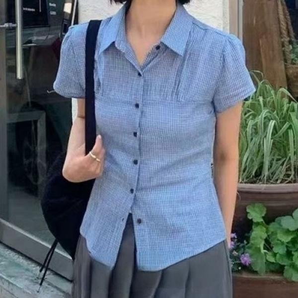 체크 슬림 크롭 셔츠