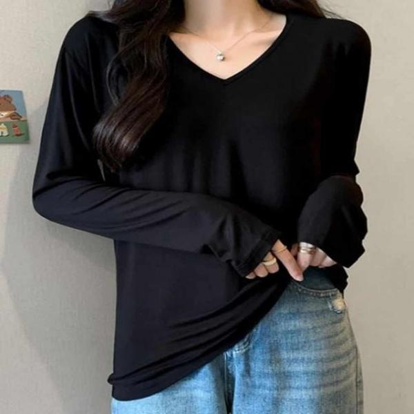 롱 슬리브 티셔츠 데일리티셔츠 여성캐쥬얼티셔츠 여자V넥