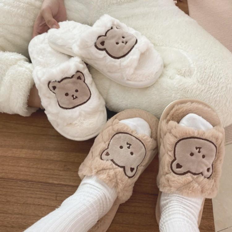그리드 곰돌이 극세사 털슬리퍼 털 실내화 거실화 겨울슬리퍼 층간소음방지 홈 무소음 슬리퍼 학생 사무실