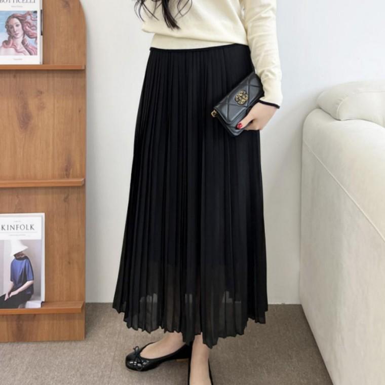 여성 데일리 캐주얼 밴딩 쉬폰 주름 롱스커트 롱치마