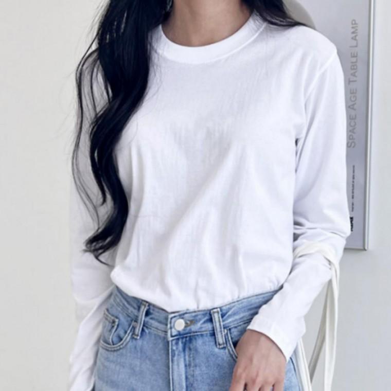 여성 기본 무지 라운드 긴팔 면 티셔츠 빅사이즈