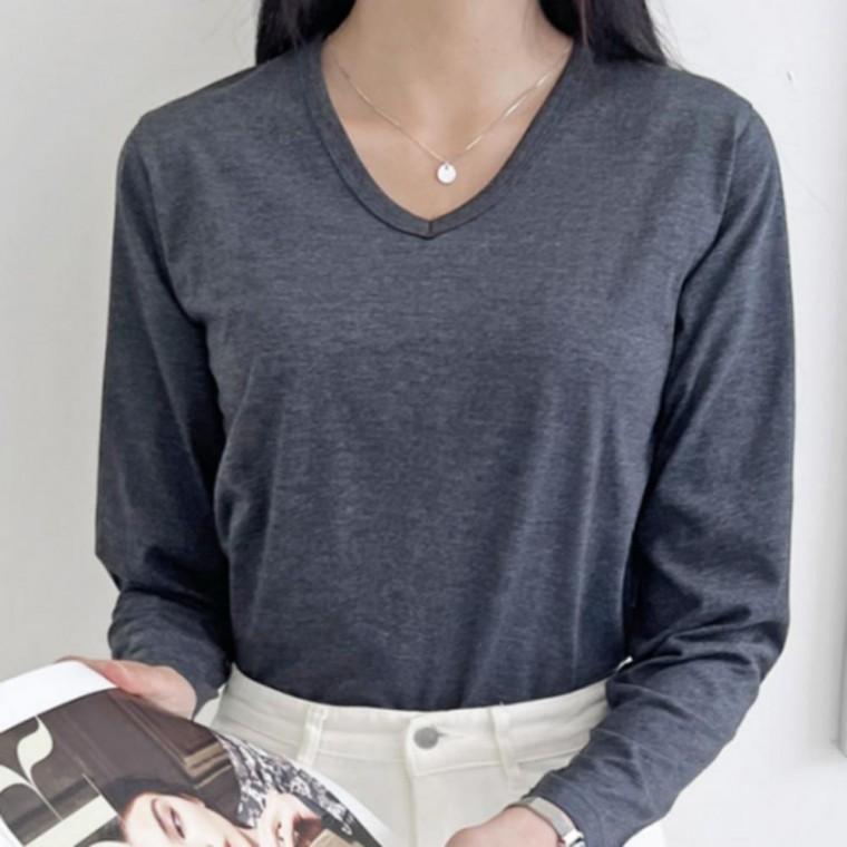 여성 기본 무지 브이넥 긴팔 면 이너 레이어드 티셔츠 빅사이즈