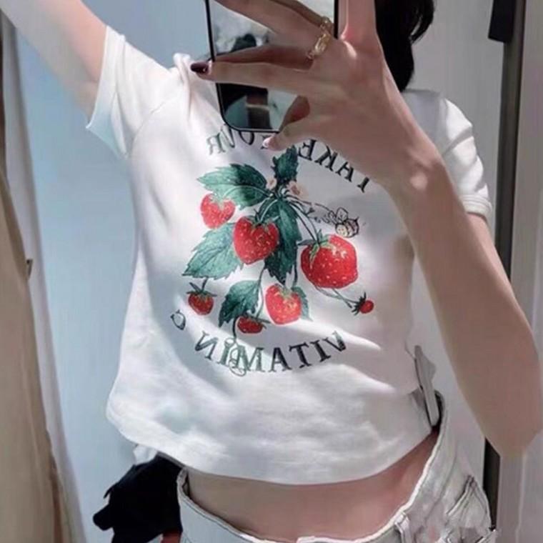 크롭스타일 여자 면티 라운드넥 반팔 티셔츠 딸기티 데일리코디