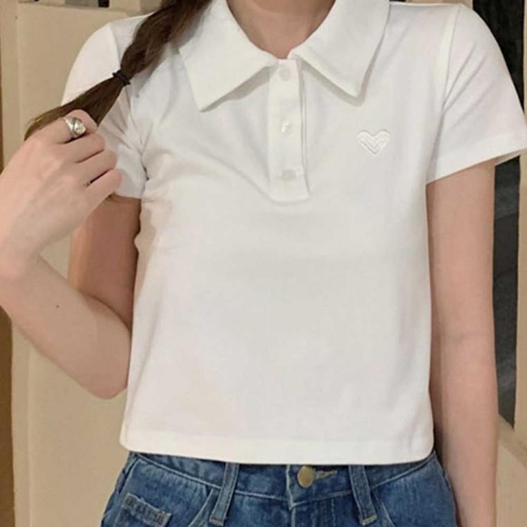 귀여운 여성 크롭티 하트자수 카라넥 데일리 반팔 티셔츠