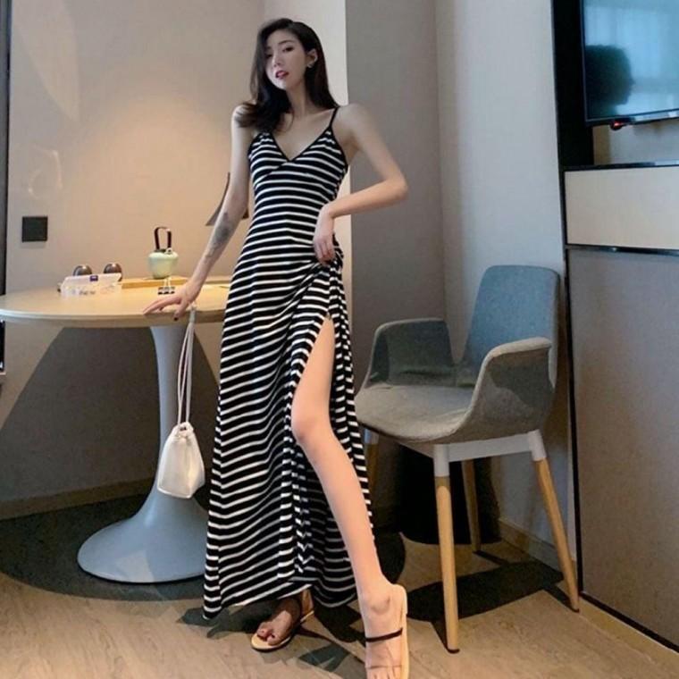 여름 끈나시 롱 원피스 여성 하객룩 휴양지 원피스 끈나시원피스 스트라이트 빅사이즈원피스 브이넥원피스