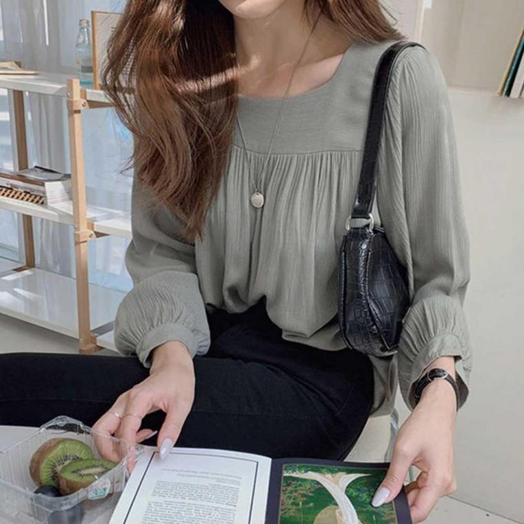 여자 블라우스 룩 여성블라우스쇼핑몰 스퀘어넥 직장인 셔링 출근 긴팔 모두팜