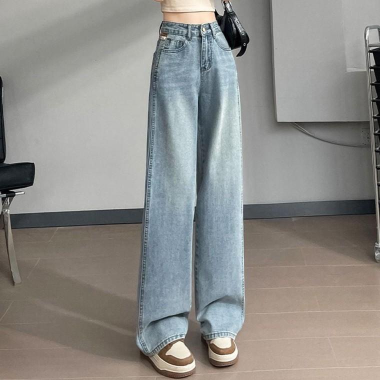 청바지 하이웨스트 와이드 여성 연청 데님 일자 워싱
