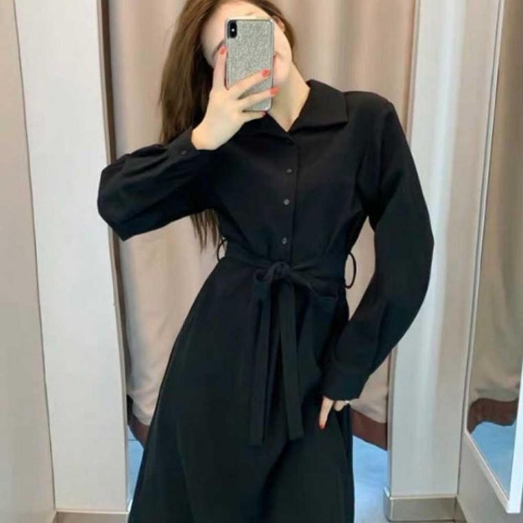 룩 하객룩롱원피스 코디 오피스 롱 출근 여자 블랙 셔츠 원피스 카라 모두팜