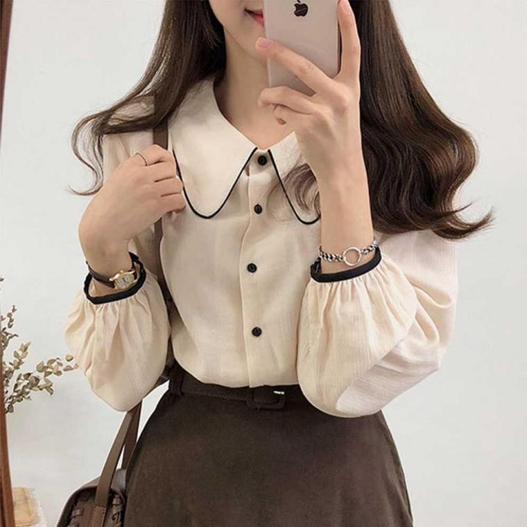 소매 여성블라우스쇼핑몰 소개팅 블라우스 카라 긴팔 배색 여자 룩 하객 모두팜