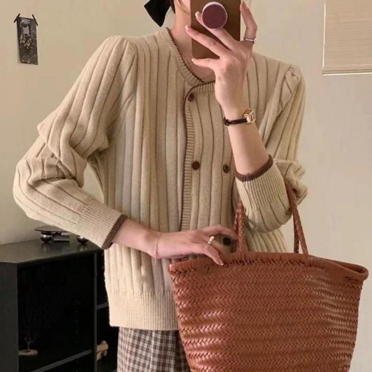 배색 카디건 브이넥 포켓 여성 배색 가디건