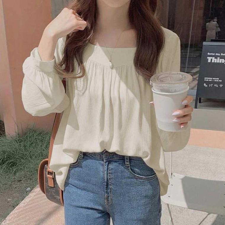 스퀘어넥 봄 블라우스 나들이 예쁜블라우스 상견례블라우스 여자 셔링 데이트 긴팔 모두팜