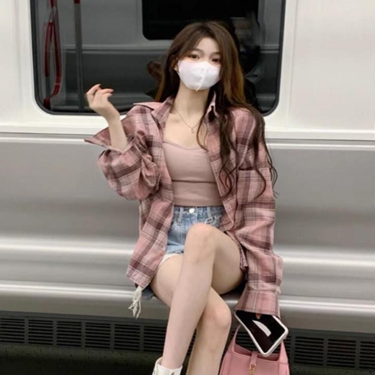 예쁜 셔츠 캐주얼 체크무늬 핑크 컬러 여름셔츠 포인트 간절기