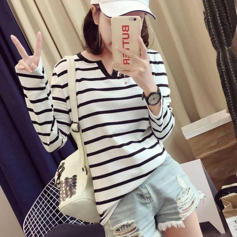 여자 티셔츠 줄무늬 코디 캐주얼 줄무늬티셔츠단가라티 긴팔 스트라이프 모두팜