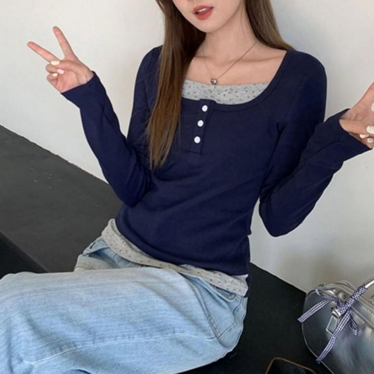 버튼 티셔츠 레이어드 배색