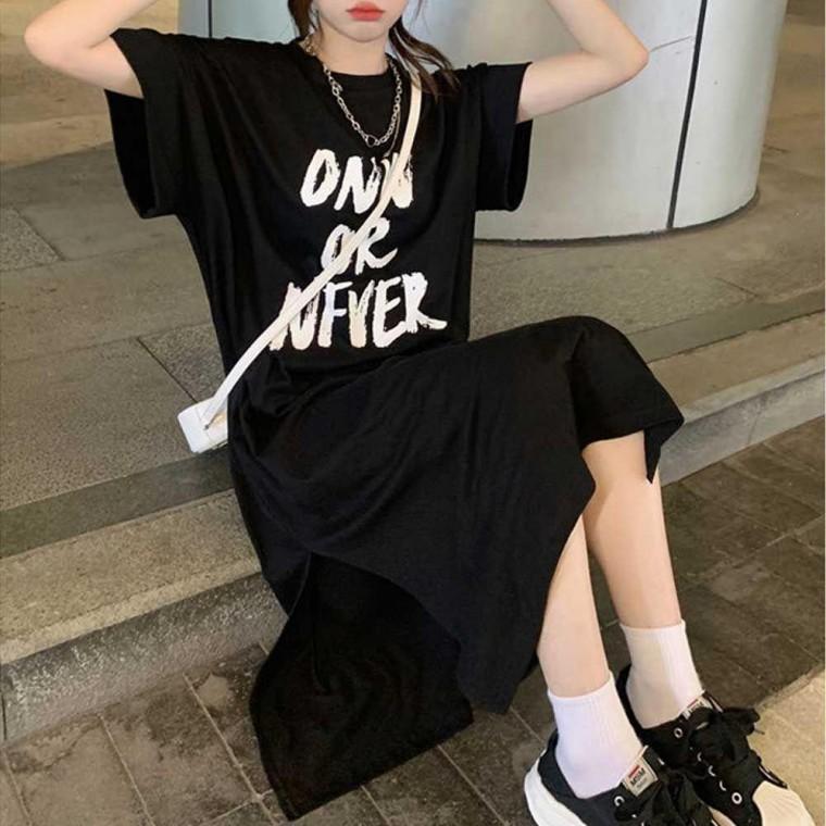 레터링 원피스 여름원피스여성원피스 해외여행 면 여름 여자 반팔 모두팜
