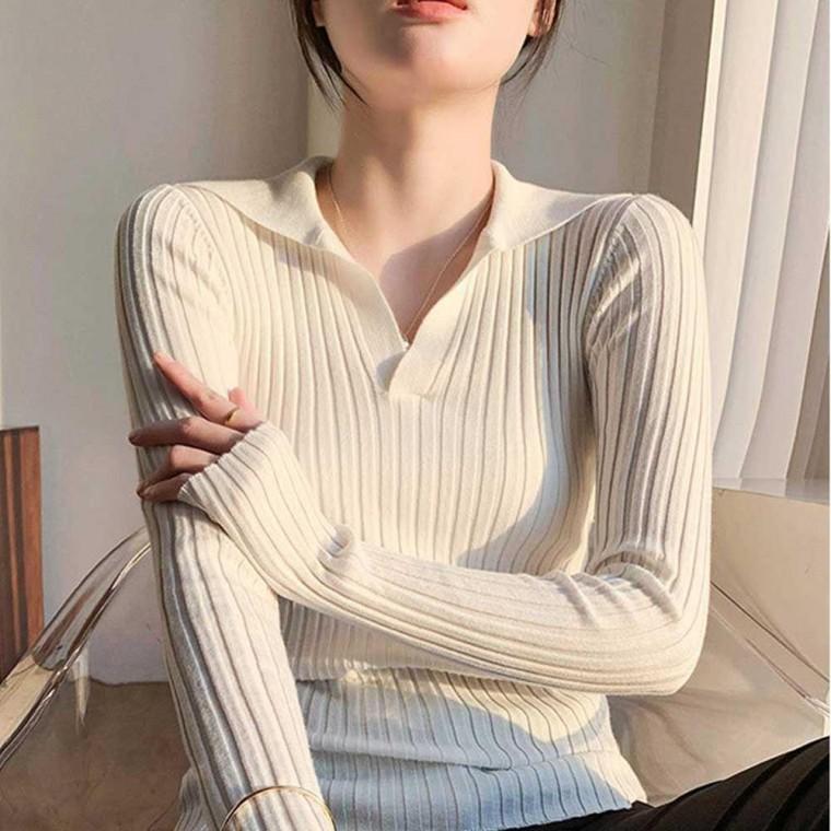 골지 니트쇼핑몰골지티 여자 출근 데일리 여성니트 코디 룩 니트 카라 긴팔 티 모두팜