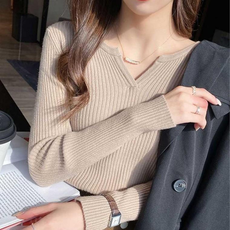 골지 긴팔 룩 니트 직장인 브이넥 출근 여성니트 여자 티 슬림 니트쇼핑몰골지티 모두팜
