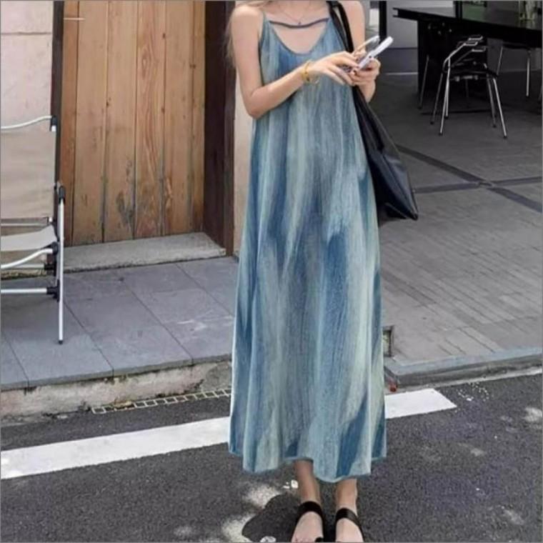 여성 나시 롱 원피스 민소매 잉크 그라데이션 나염 원피스 여행지 리조트 휴양지룩