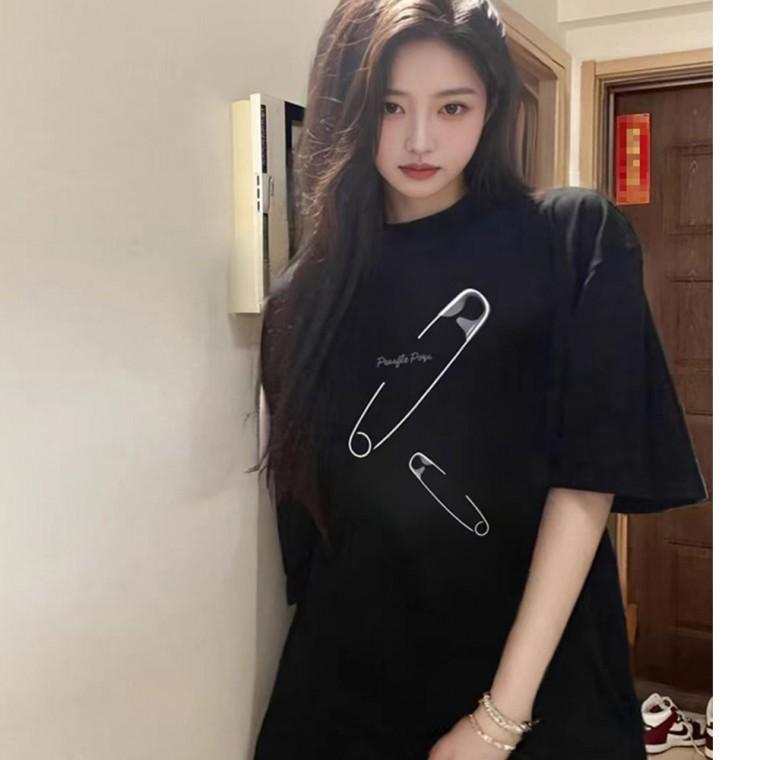 F007525 빈티지 옷핀나염 루즈핏 블랙 반팔티셔츠