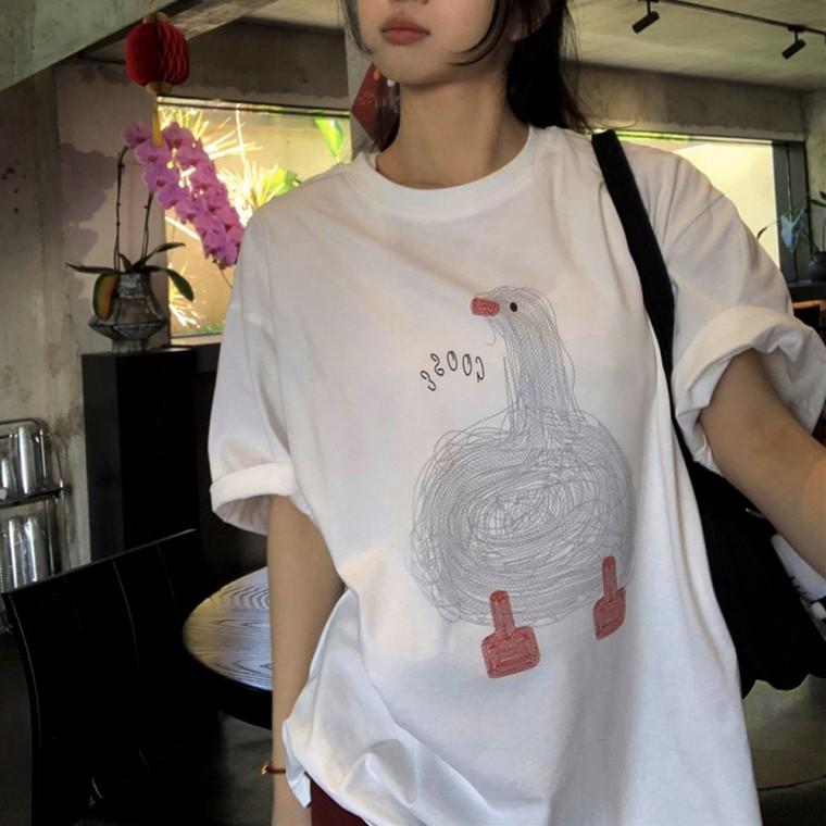 F007533 큐티 오리나염 박시핏 스판 라운드티셔츠