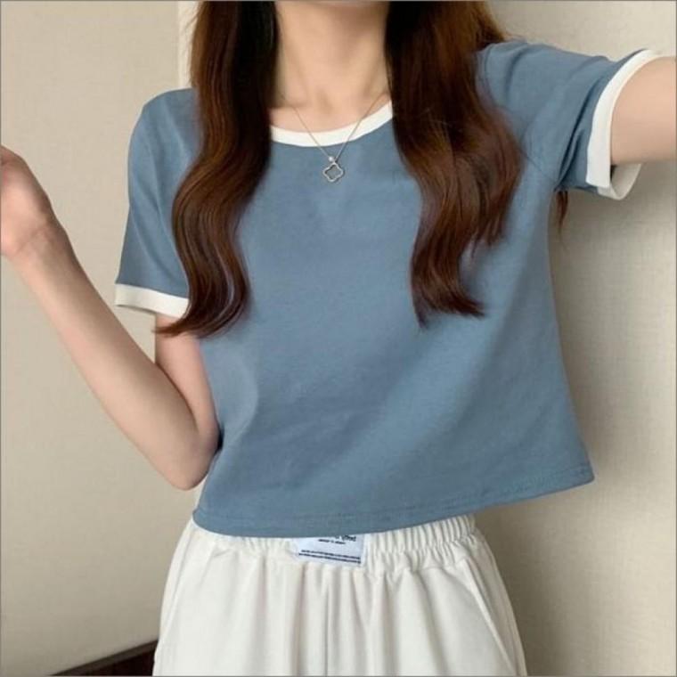여성 세미 크롭 반팔 티셔츠 여름 스판 배색 반팔티 데일리 라운드티