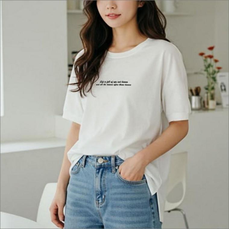 여자 라운드넥 빈팔 티셔츠 여름 레터링 반팔티 루즈핏 레이어드