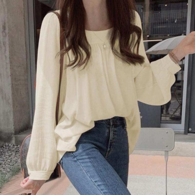 여성 데일리 셔링 스퀘어넥 크롭 퍼프 프릴 긴팔 블라우스