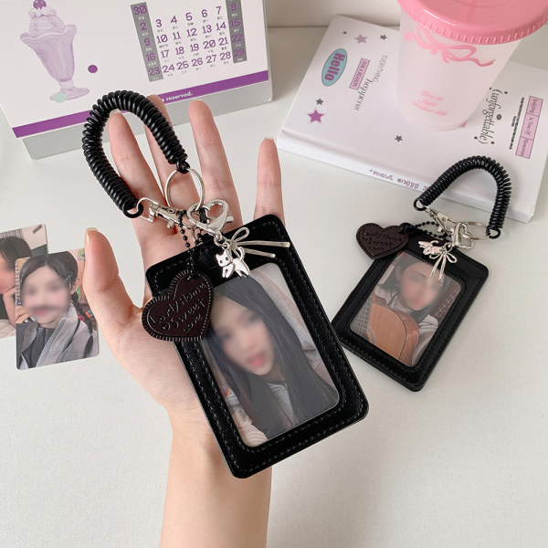 [골라가게] 블랙하트 가죽 포카홀더 리본 고양이 키링 스프링 카드홀더 포토카드 사진 보관 교통카드