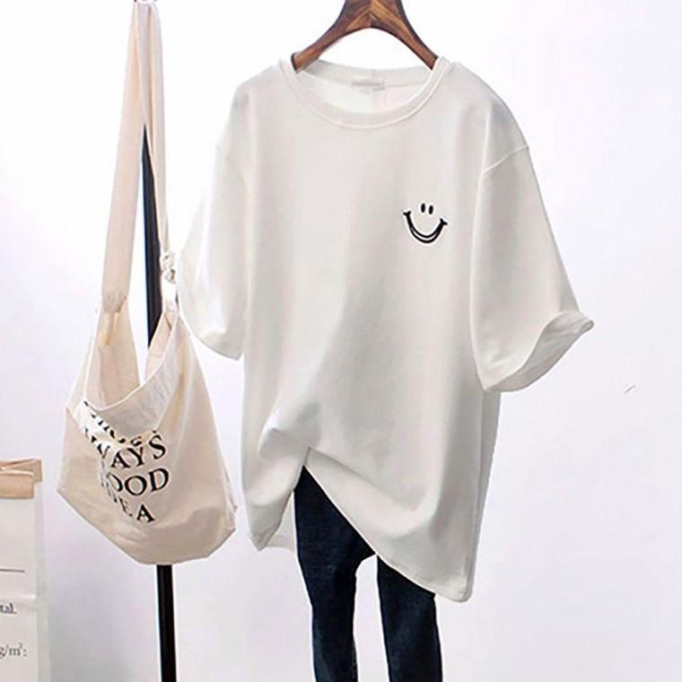 여자 데일리 스트릿 여름 편한 심플 스마일 반팔티 여성 박스티 프린팅 브이넥 반팔 후드티 티셔츠 여자