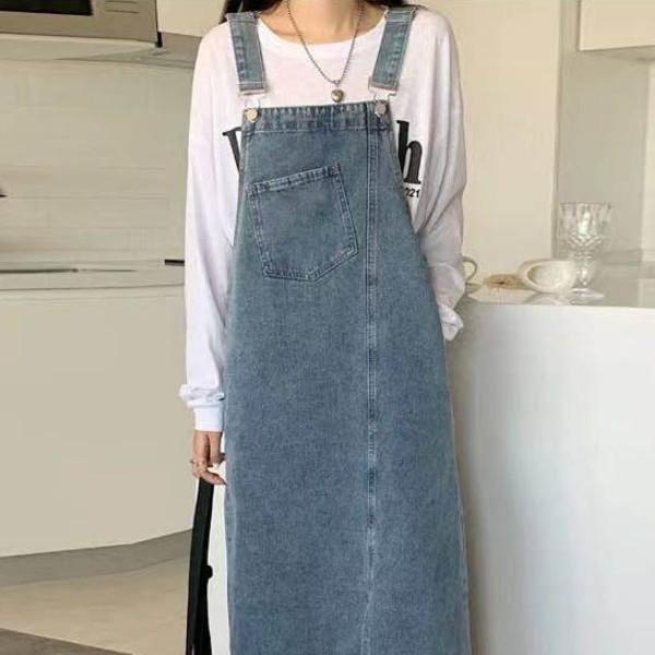 청 멜빵 원피스 여자 데님 롱스커트 캐주얼 빈티지 데일리 꾸안꾸 스트릿 유니크 여름 간절기