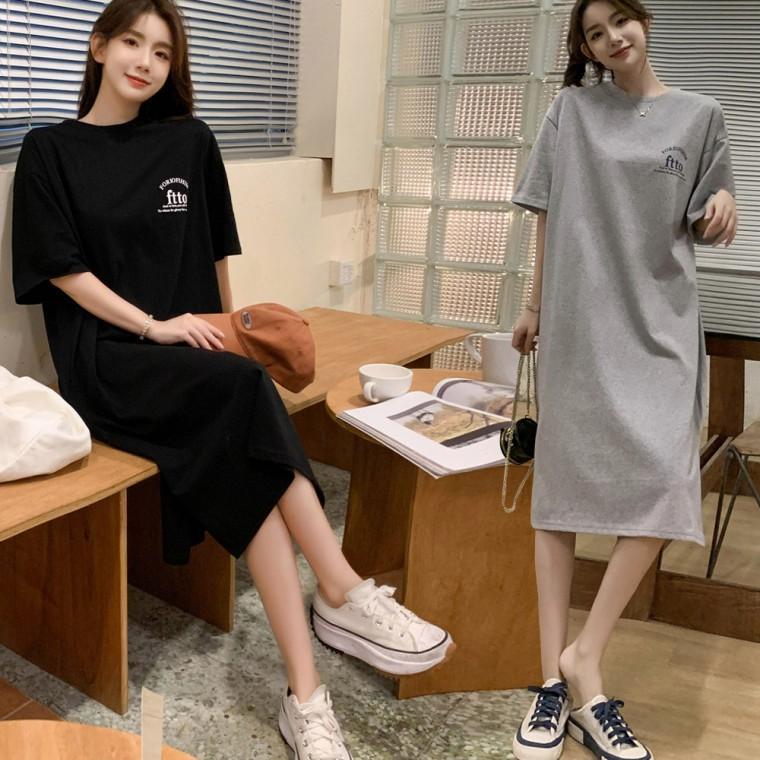 미디원피스 롱원피스 여성 앞뒤 영문 레터링 트임 반팔 원피스 URK-342