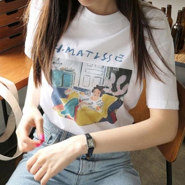 여름 프린트 여자 면 라운드 반팔티