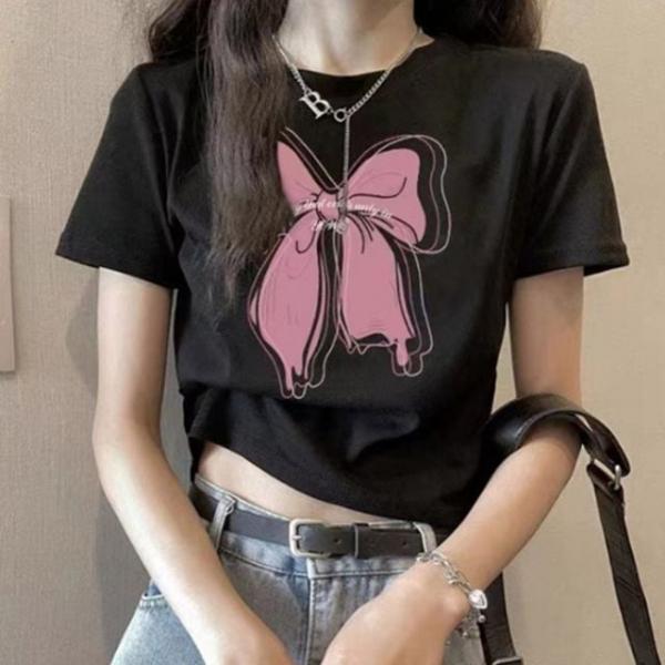 리본 러블리 여름 반팔 크롭 반팔티