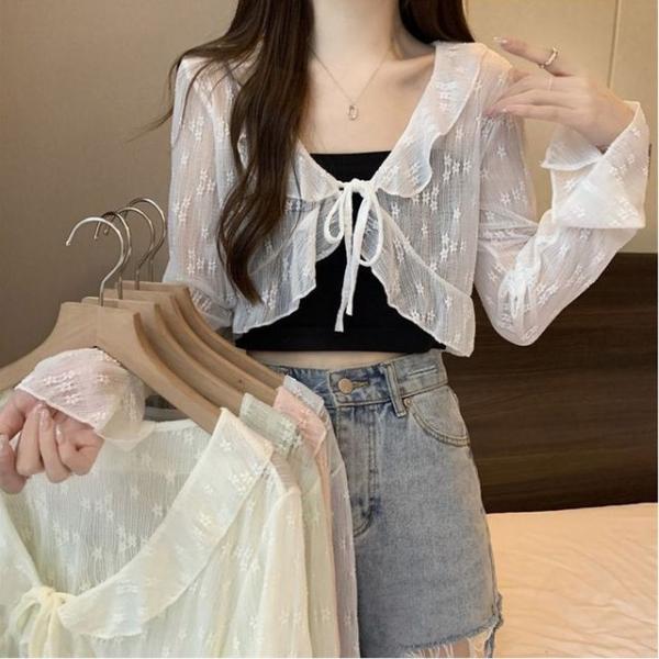 여자 여름 시스루 레이스 빅카라 크롭 볼레로 가디건