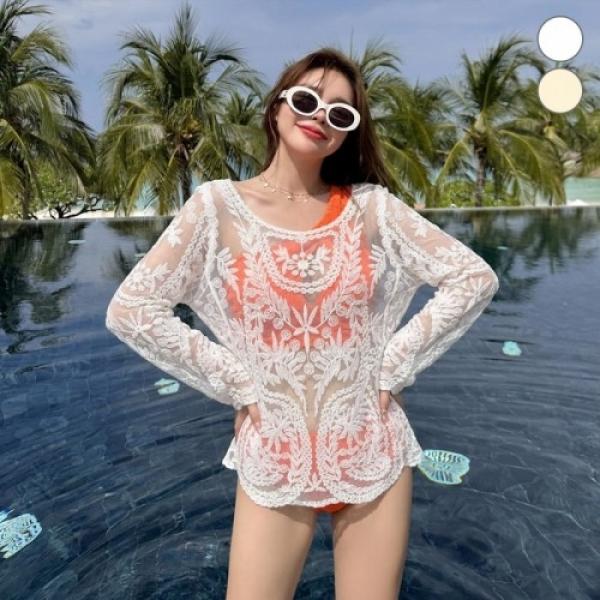 나뭇잎 자수 수영복 커버업 블라우스 ELC-9072