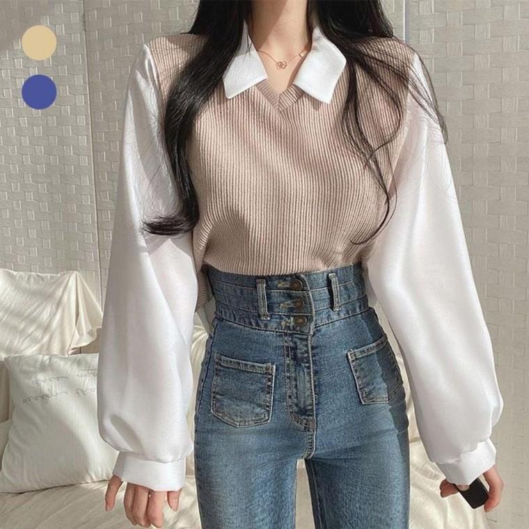 여성 블라우스 조끼 페이크 긴팔 티셔츠 맨투맨 여자 라운드 기모 후드티