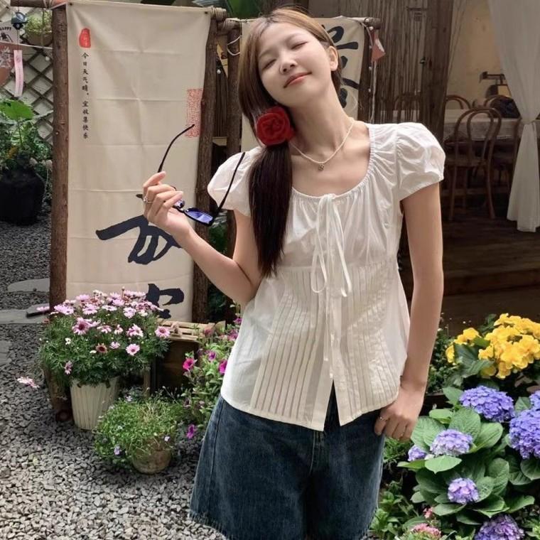 여성 여리 리본 퍼프 셔링 썸머 블라우스