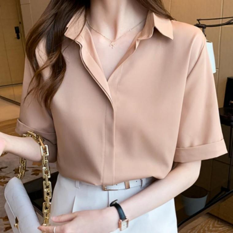 소매 여성 5부 상의 무지 여름셔츠 쉬폰셔츠 반팔