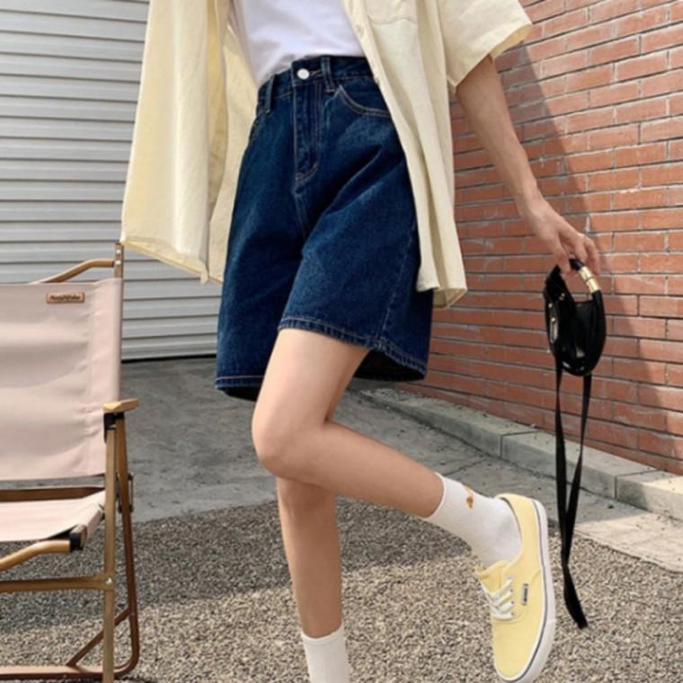 데님 2컬러 반바지 와이드 하이웨스트 5부 청반바지