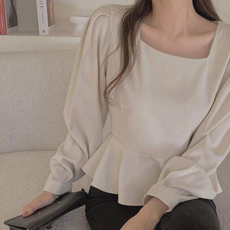여성 스퀘어넥 밑단 레이스 스타일 블라우스 셔츠 긴팔 여자 셔링 카라 리본 배색 브이넥