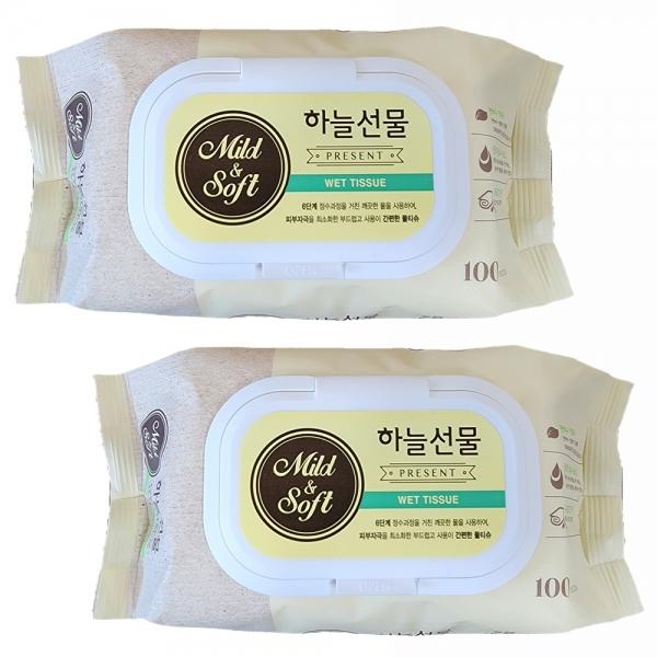 하늘선물 캡형 물티슈 100매 2팩 물휴지 휴대용 티슈