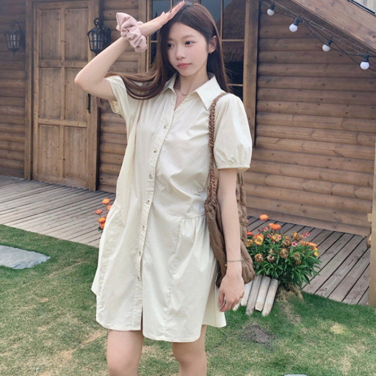 루즈핏 카라 셔츠 셔링 반팔 원피스 캐주얼 A라인 플레어