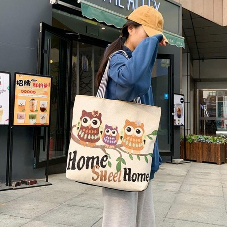 여성 보부상 숄더 백 부엉이 가방 세마리 홈 여자 숄더백 천가방 20대 대학생 쇼퍼백